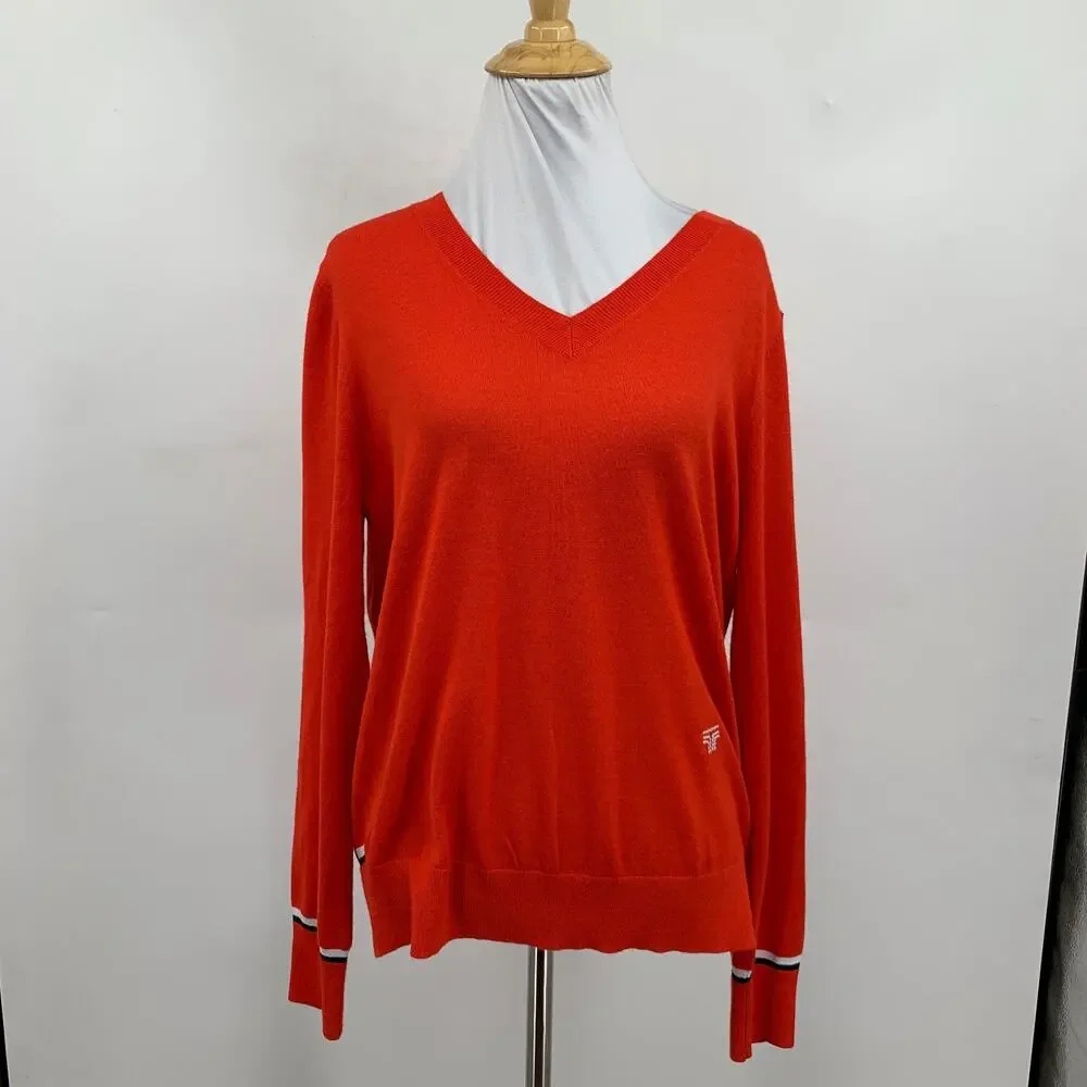 Tory Sport Sweater Womens M Medium Chili V Neck Long Sleeve Merino Wool Coolmax